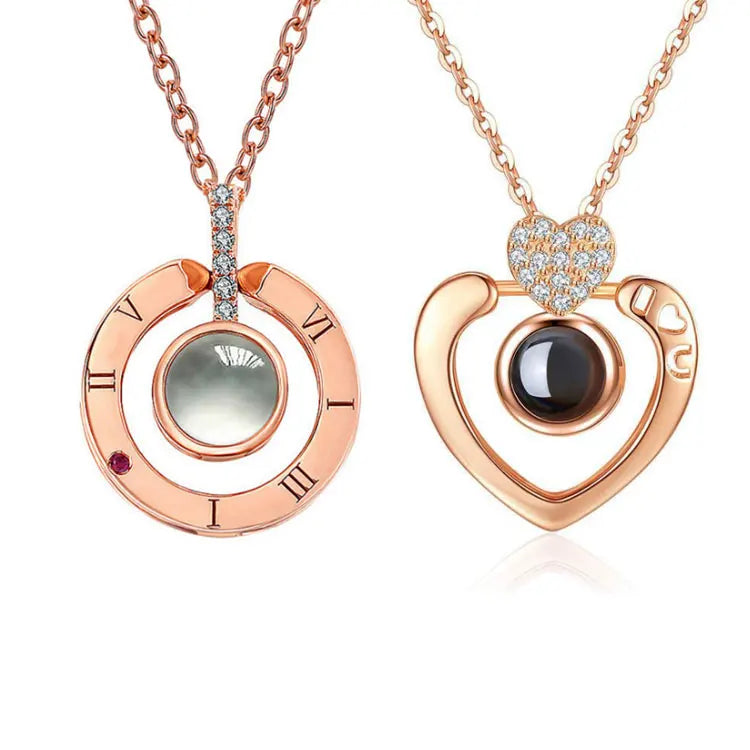 SC Wholesale Nanotechnology Projection Necklace Wedding Gift TikTok Fashion Rose Gold Deer Heart Pendant 100 Languages Necklace