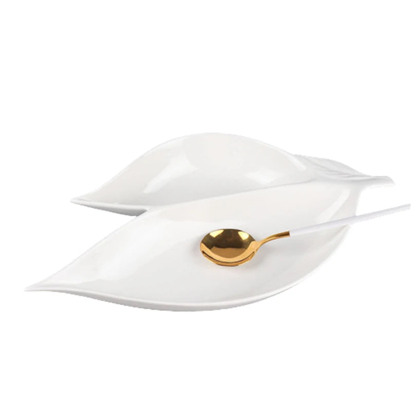 Custom Restaurant Tableware 14 Inch White Ceramic Elegant Leaf Shape Fruit Serving Dish for Decor