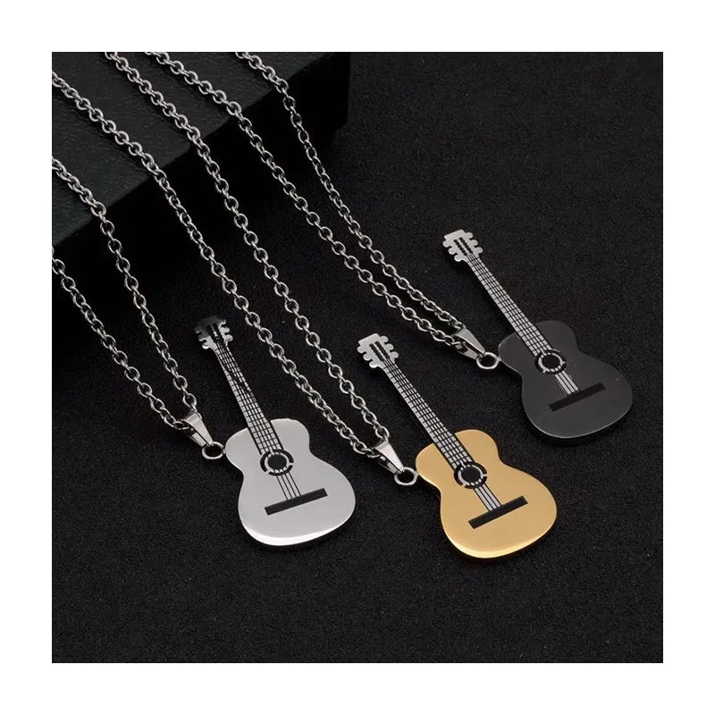 DAIHE Fashion Titanium Steel Instrument Guitar Pendant Necklace for Men Hip-Hop Punk Stainless Steel Sweater Chain