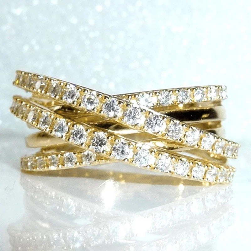 Huitan OEM Exquisite Sparkling Full Round Cubic Zirconia Cross Rings With Women Wedding Engagement Gold Plated CZ Rings Female