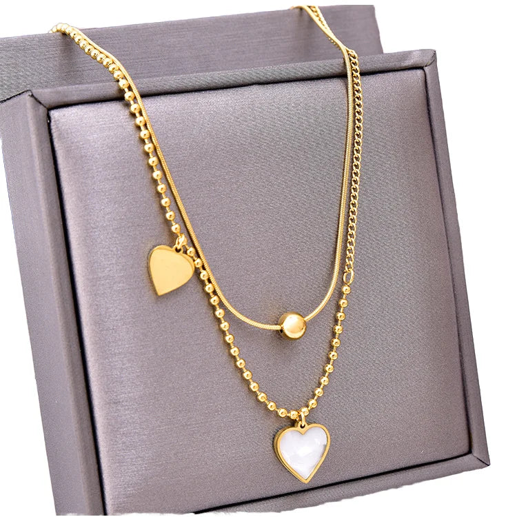 18K Gold Plated Waterproof Non-Tarnish Fashionable Stainless Steel Snake Bead Necklace Double-Layered Love Heart Zircon Link