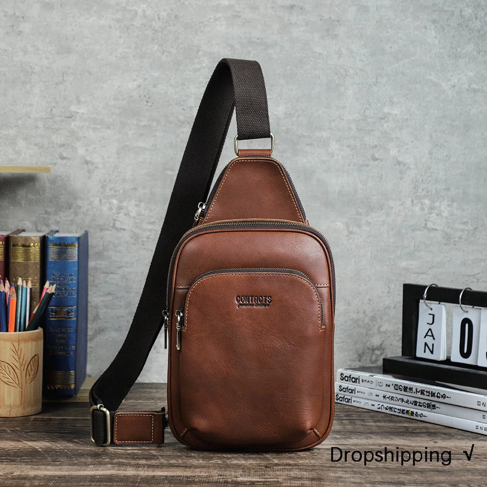 Contact's Custom Vintage Stylish Sling Crossbody Bag Men Small Leather Chest Pack Bags Multi-Zipper Shoulder Bag