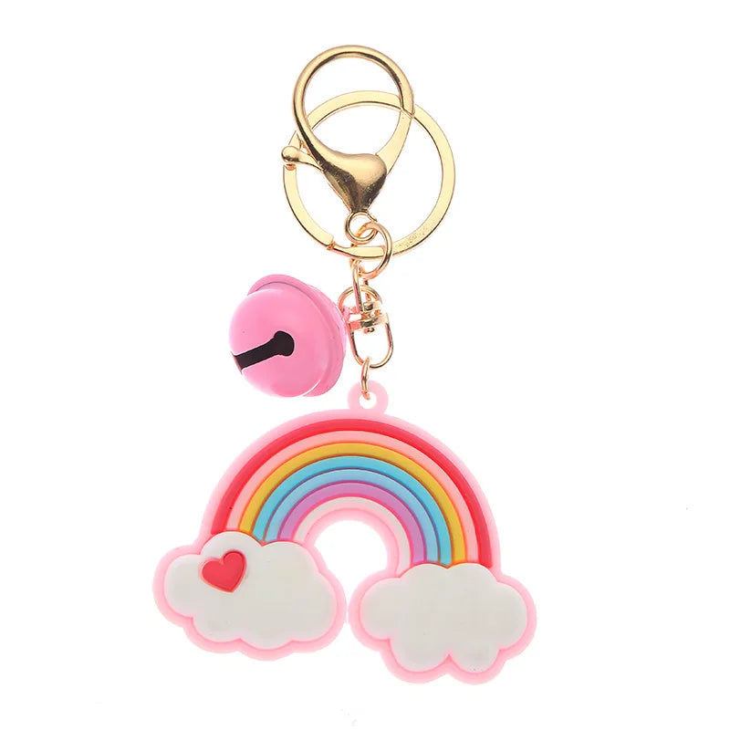 New Lovely Cute Rainbow Key Chain Leather Strap Braided Rope Tassel Star Keychain Women Girl Bell Star Bag Charm Pendant Rainbow