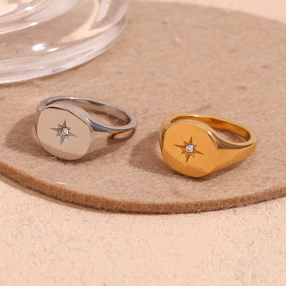 New Arrival 2025 Square Zircon North Star Signet Ring Gold Plated Engagement Jewelry Stainless Steel Ring