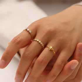 18K Plated Retro Stainless Steel Open Ring with Zircon Oval Cut Bezel Setting Colorless Wedding Jewelry for Women