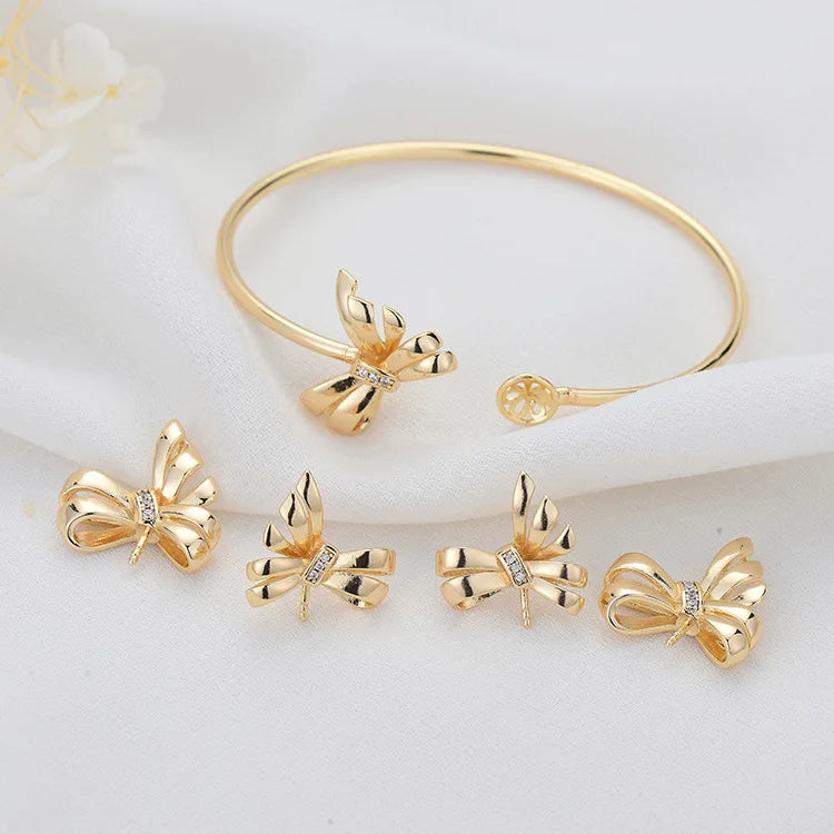 Trendy Design 14K Gold Plated Butterfly Knot Inlaid Zircon Can Match Pearls Charm Earring Bangle Jewelry Set Jewelry Accessories