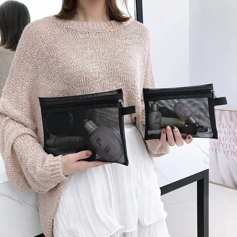 Black Foldable Nylon Mesh Makeup Bag Transparent Zippered Organizer Small Travel Cosmetic Pouch for Beauty Storage