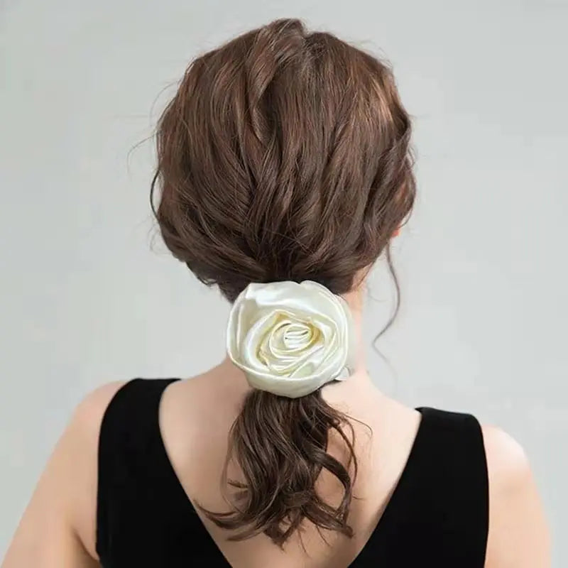Gentle Satin White Floral Ponytail Holder Elastic Hair Tie Rose Hair Scrunchies