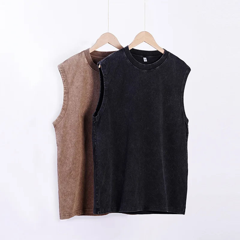 230gsm 100% Cotton Retro Vest Men's and Women's Washed Cotton Heavy Distressed Sleeveless T-shirt Oversize and Loose Fit