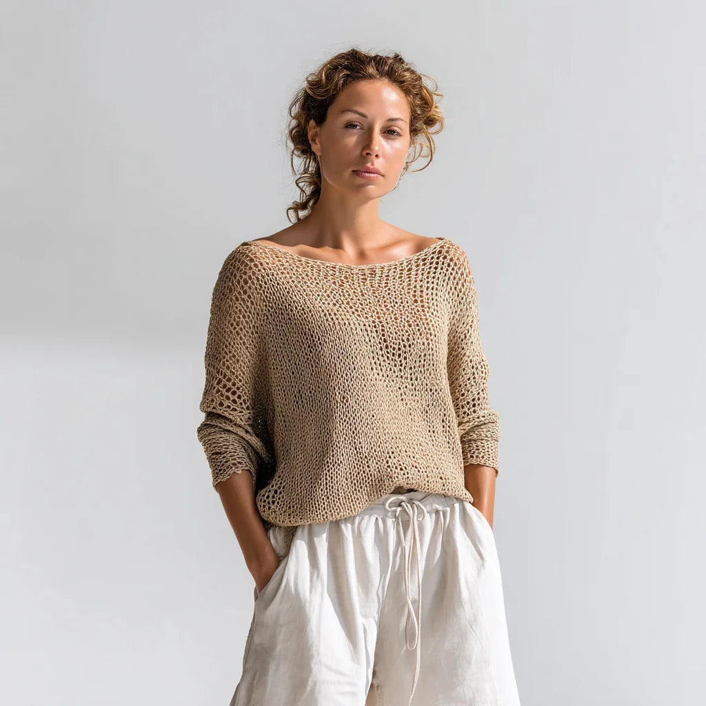 Women's Slim Linen-Cotton Pullover Breathable Knit Decorative Pattern Breezy Summer Essential Casual Style Thin Thickness Front