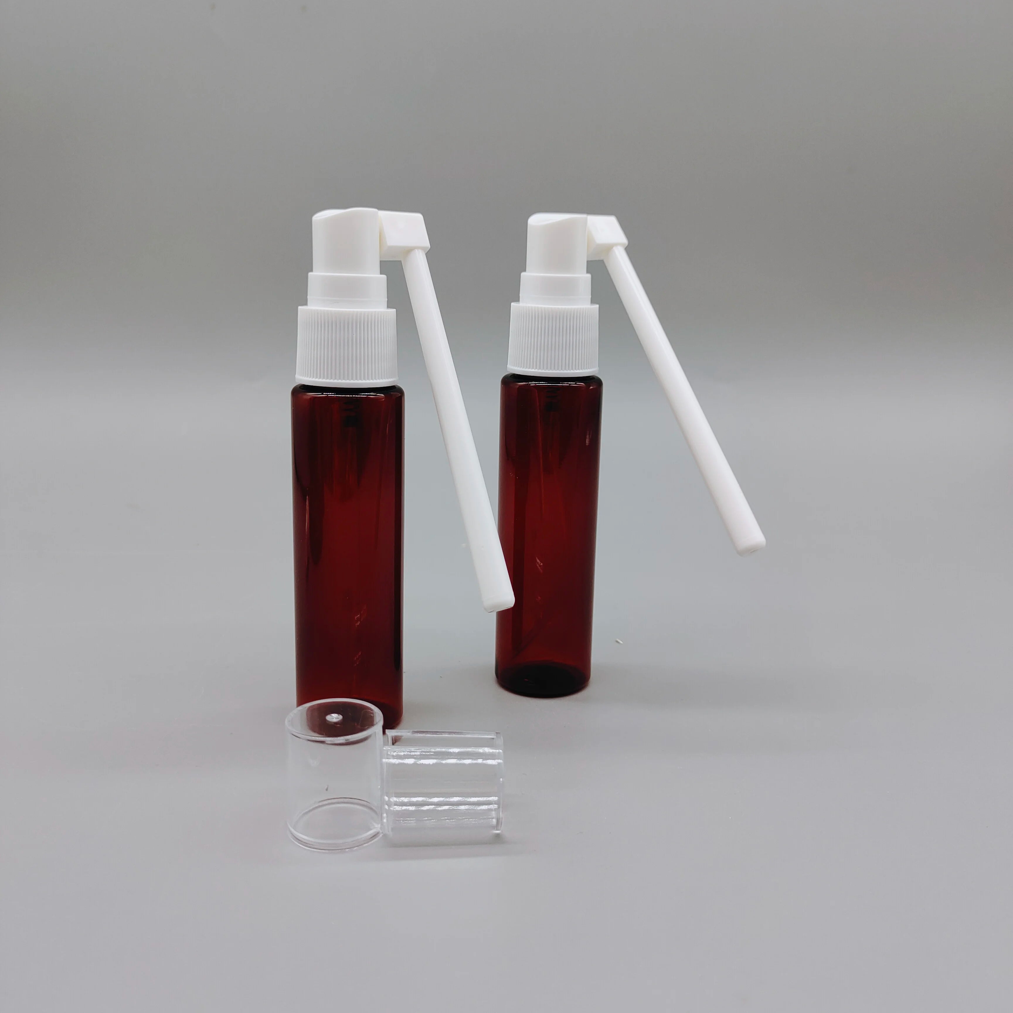Fast Delivery Large Stock 35ml Amber Brown Plastic PET Nasal Spray Bottle with Pump Liquid Medicine Customizable Cap Colors