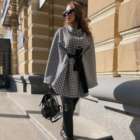 Autumn/Winter New Women's European and American Coat Thousand Bird Plaid Woolen Coat Loose Lace up Cape Top