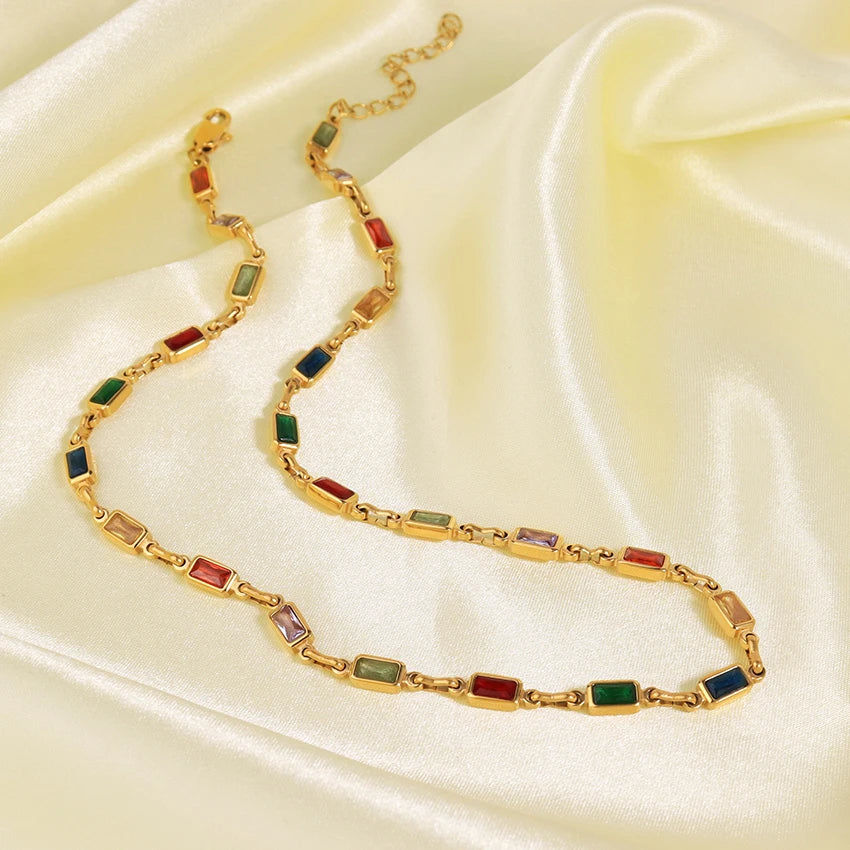New Arrival Dainty Multi Color Gemstone Layered Necklace Waterproof Jewelry Rectangle Colorful Cubic Zircon Link Chain Necklace