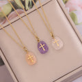 Trendy Gold-Plated Stainless Steel Chain Cute Slice Amethyst Crystal Rose Quartz Cross Design Pendant Necklace for Women's