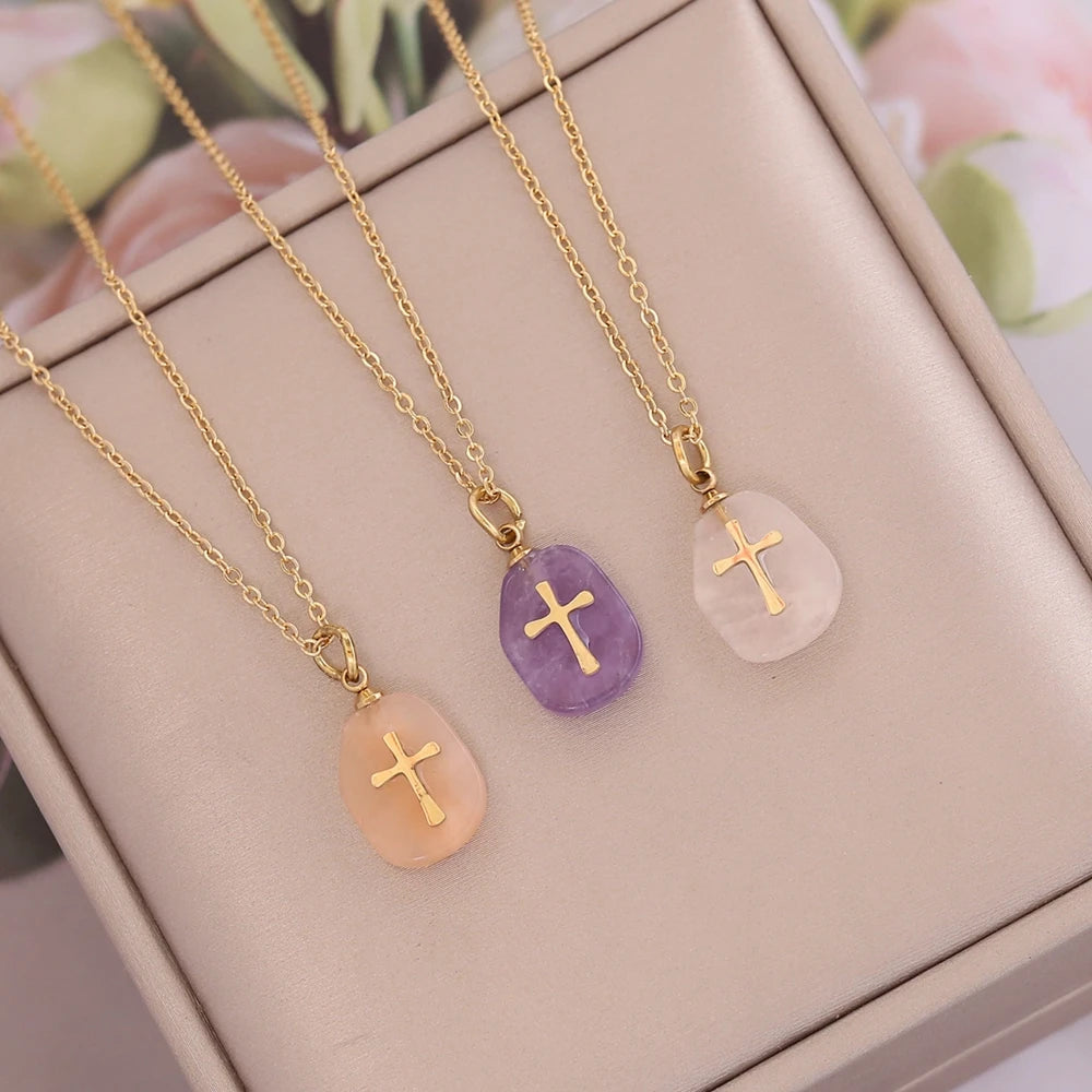Trendy Gold-Plated Stainless Steel Chain Cute Slice Amethyst Crystal Rose Quartz Cross Design Pendant Necklace for Women's