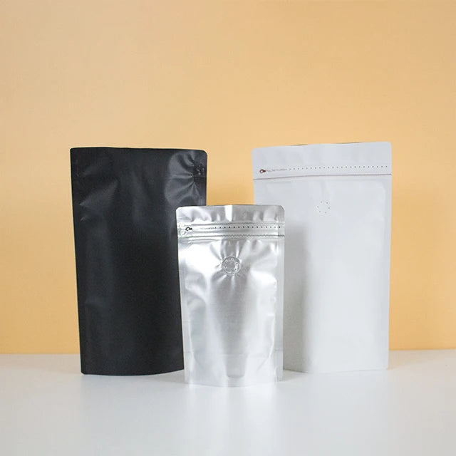 Matte Black Aluminum Foil Stand Pouch Coffee Packaging Zipper Lock with Air Valve and Mylar Storage Food Bag Printing