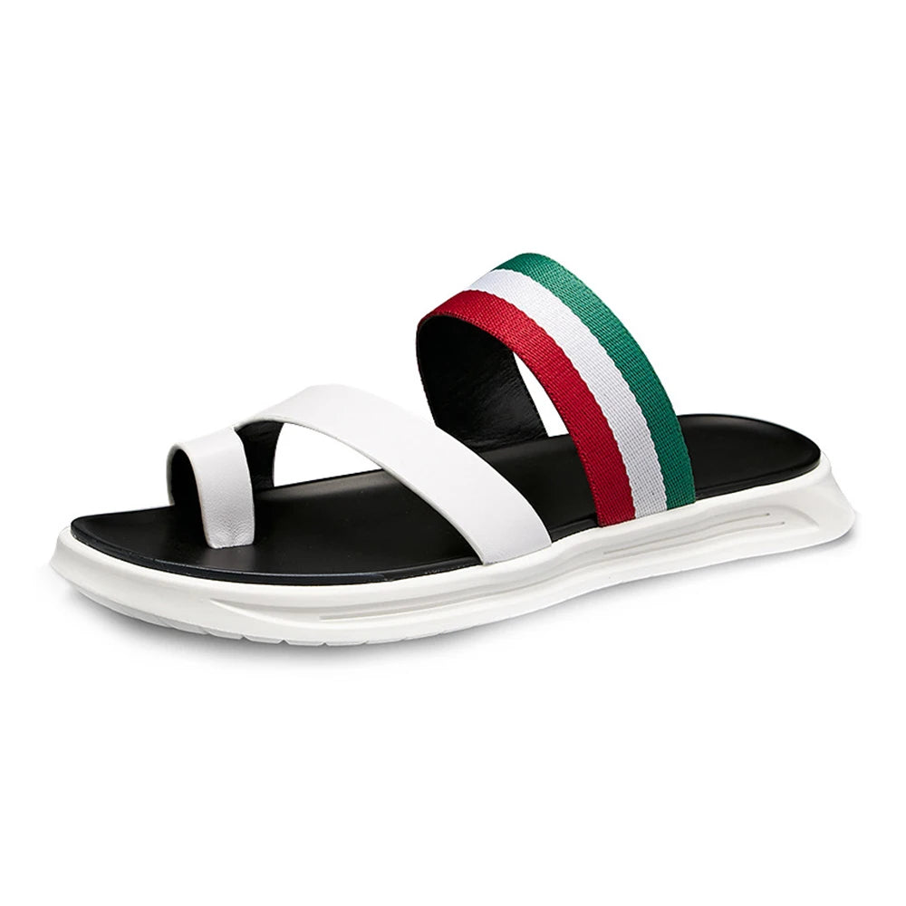 2025 New Creative Men's Flip Flops Anti-Slip Soft Sole Outdoor Genuine Cow Leather Casual Slippers Beach Embroidered Winter