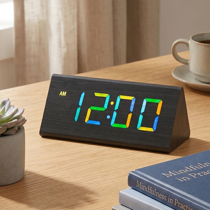 EMAF Home Decor Snooze Wood Desk Table Triangle Desk Electronic Smart Humidity Temperature Display RGB LED Digital Alarm Clock
