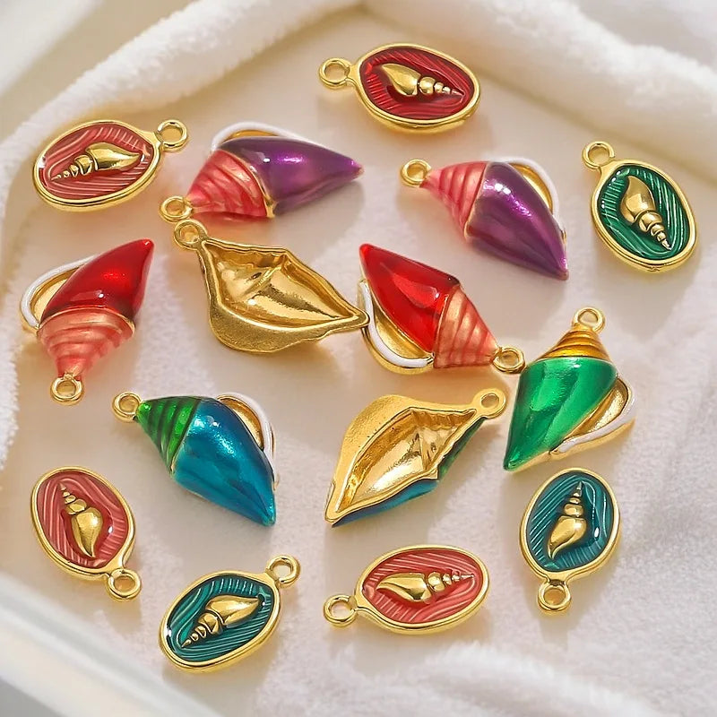 Gold Plated Stainless Steel Ocean Series Pendant Boho Oil Drip Conch Shell Charms DIY Bracelet Necklace Jewelry Accessories