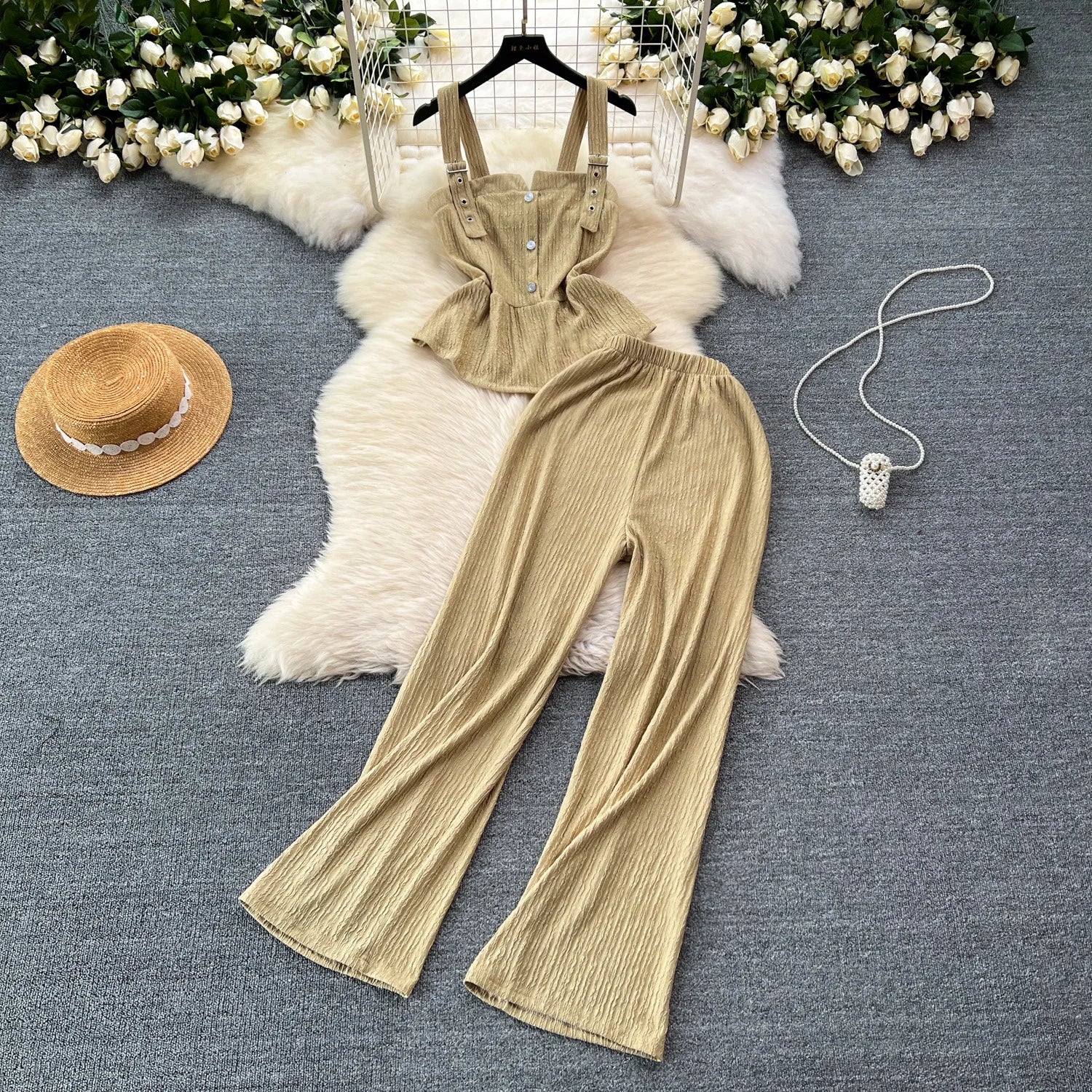 2024 Summer New Casual Set Women's Korean Edition Waist Strap Tank Top High Waist Wide Leg Pants Two Piece Set