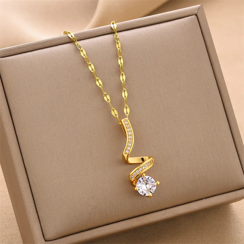 Geometric Rotating Line Zircon Pendant Necklace Gold Plated Stainless Steel Chain Clavicle Chain Twist Chain Diamond Necklace