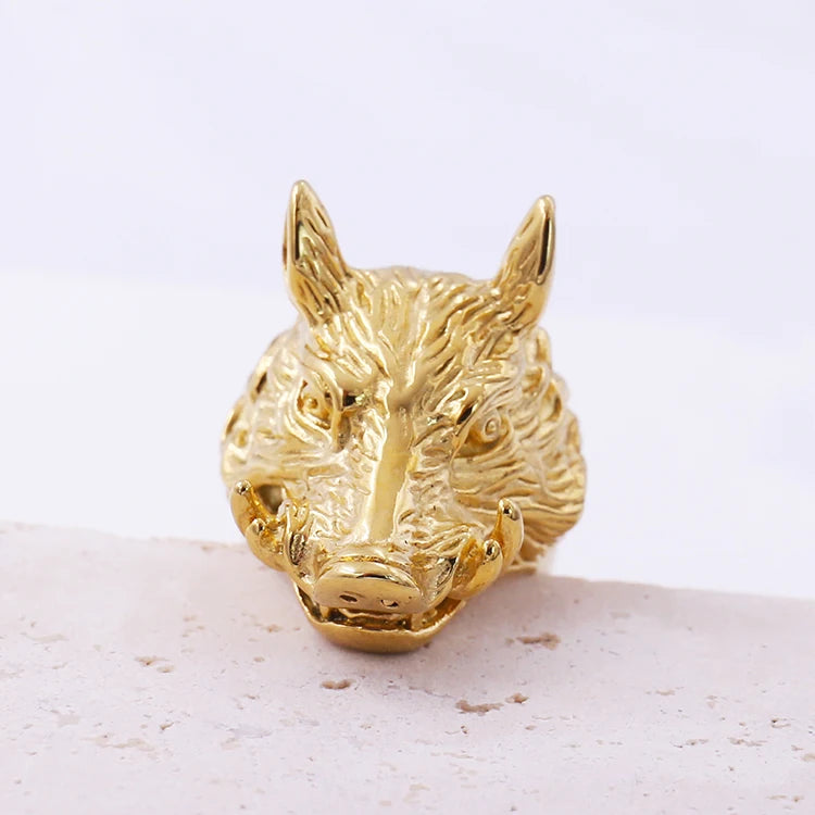 Wholesale Men European and American Hip Hop Jewelry Stainless Steel Ring Casting Animal Viking-Wild Boar Head Plated Gold Rings