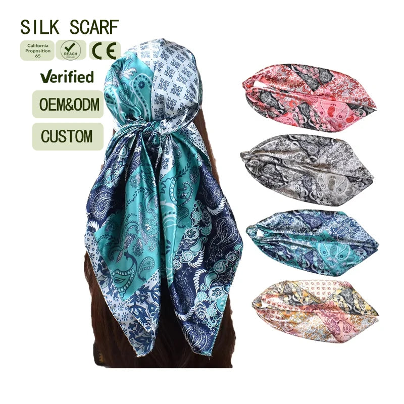 QL Wholesale Women's 4pcs Mixed Color 90*90cm Imitation Silk Satin Square Scarf Printed Handkerchief Bandanas Cheap New Design