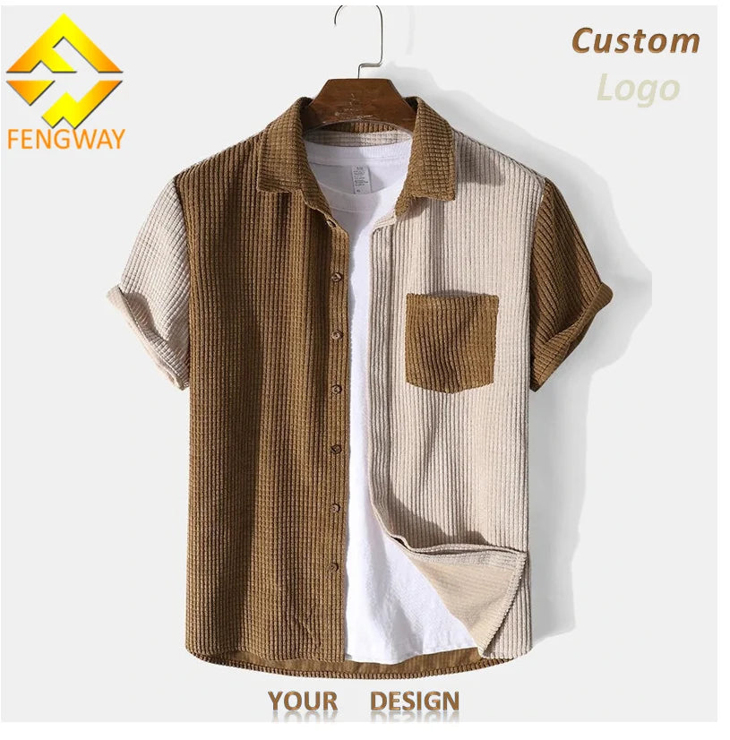 Fengway Custom Waffle Mens 2 Piece Set Button Shirt and Shorts Set Fashion Patchwork Corduroy Men Casual Suit