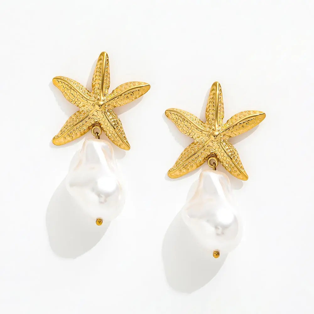 New Vintage 18k Gold Plated Stainless Steel Sea Star Chunky Imitation Pearl Pendant Stud Earring Geometric Jewelry for Women