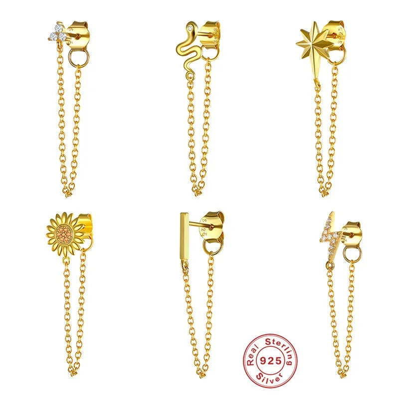 Korean Fashion Jewelry 925 Sterling Silver Long Tassel Earrings Set Snake Sun Flower Star Shape Gold Chain Stud Earrings Women
