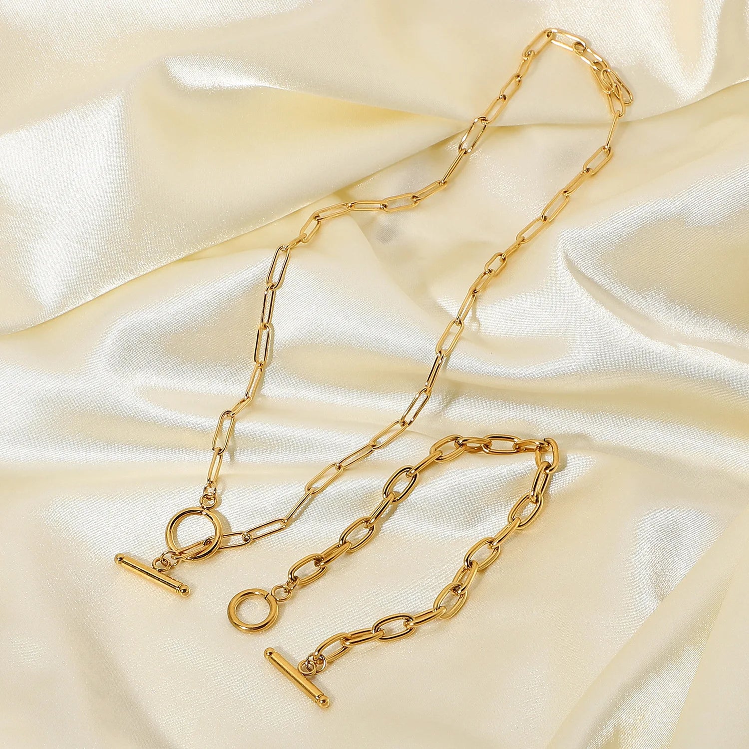 Casual Sporty Rectangle Link Chain Necklace Gifts Gold Plated Stainless Steel Ot Botton Choker Bracelet Necklace Set