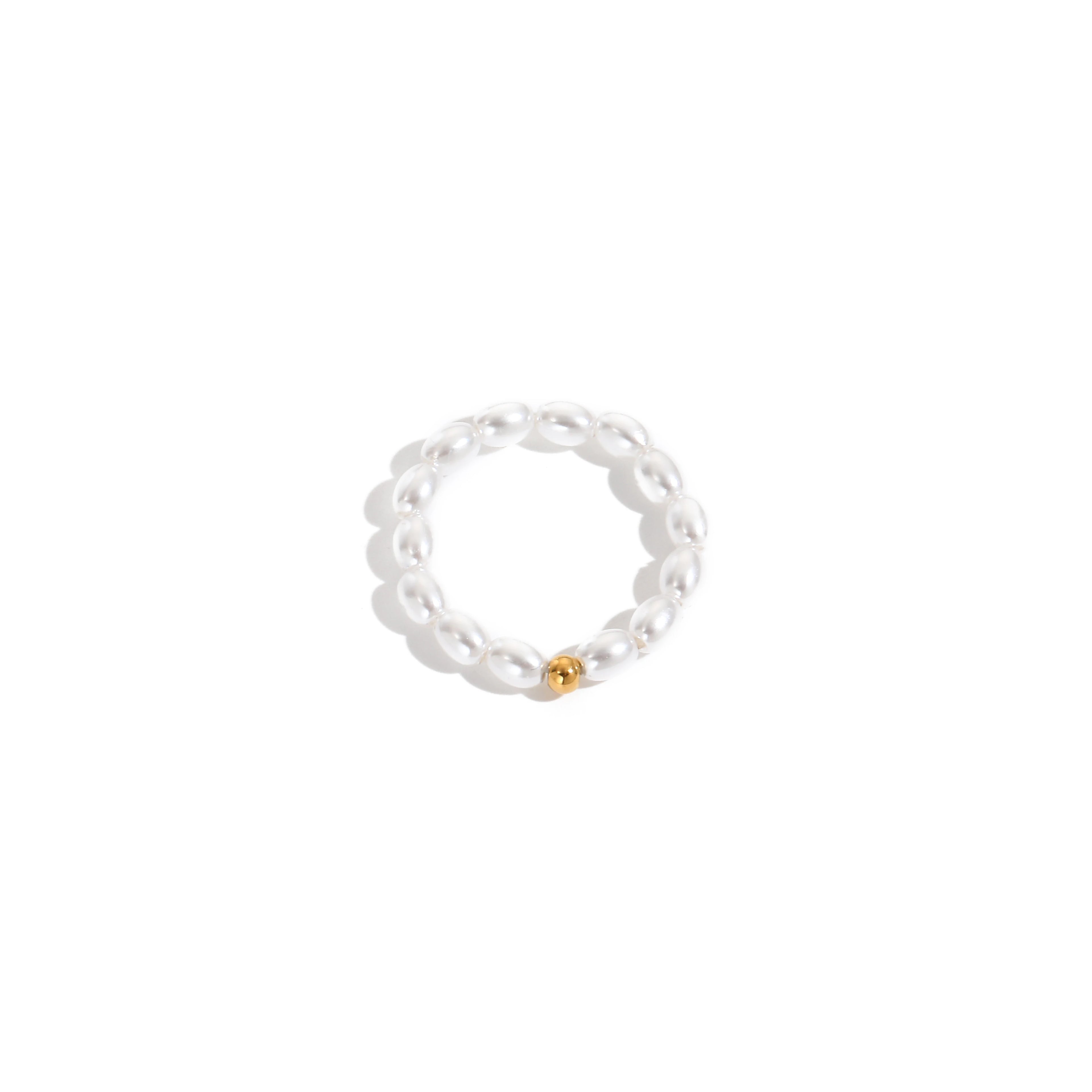 Simple Stainless Steel 14K Gold Plated Bead Oval Pearl Finger Ring Titanium Steel Personalized Bead Imitation Pearl Circle Ring