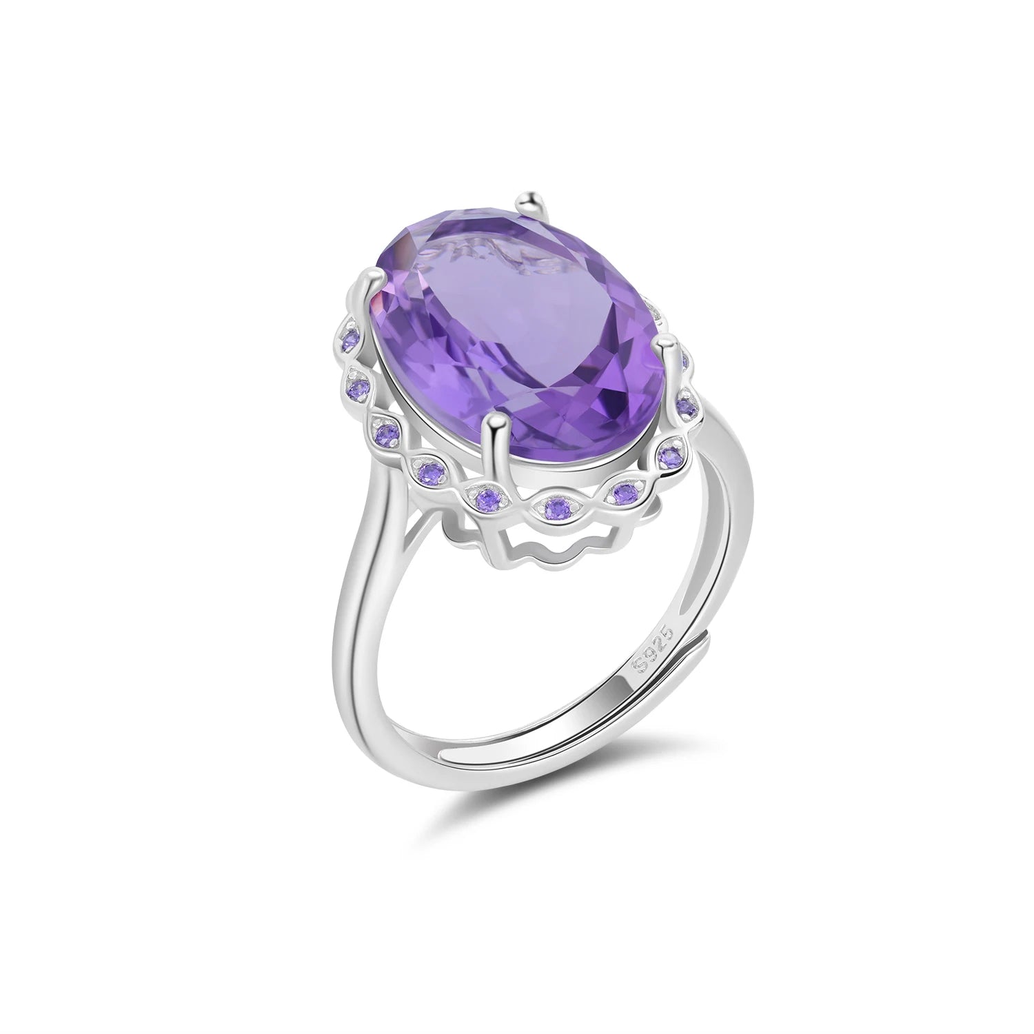 YBO 925 Sterling Silver Women's Adjustable Ring Natural Amethyst Gemstone Cubic Zircon Oval Cut Diamond for Weddings Parties