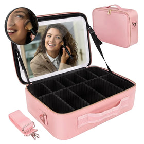 Makeup Bag with Light up Mirror Cosmetic Train Case with Mirror 3 Color Scenarios Travel Organizer with Adjustable Dividers