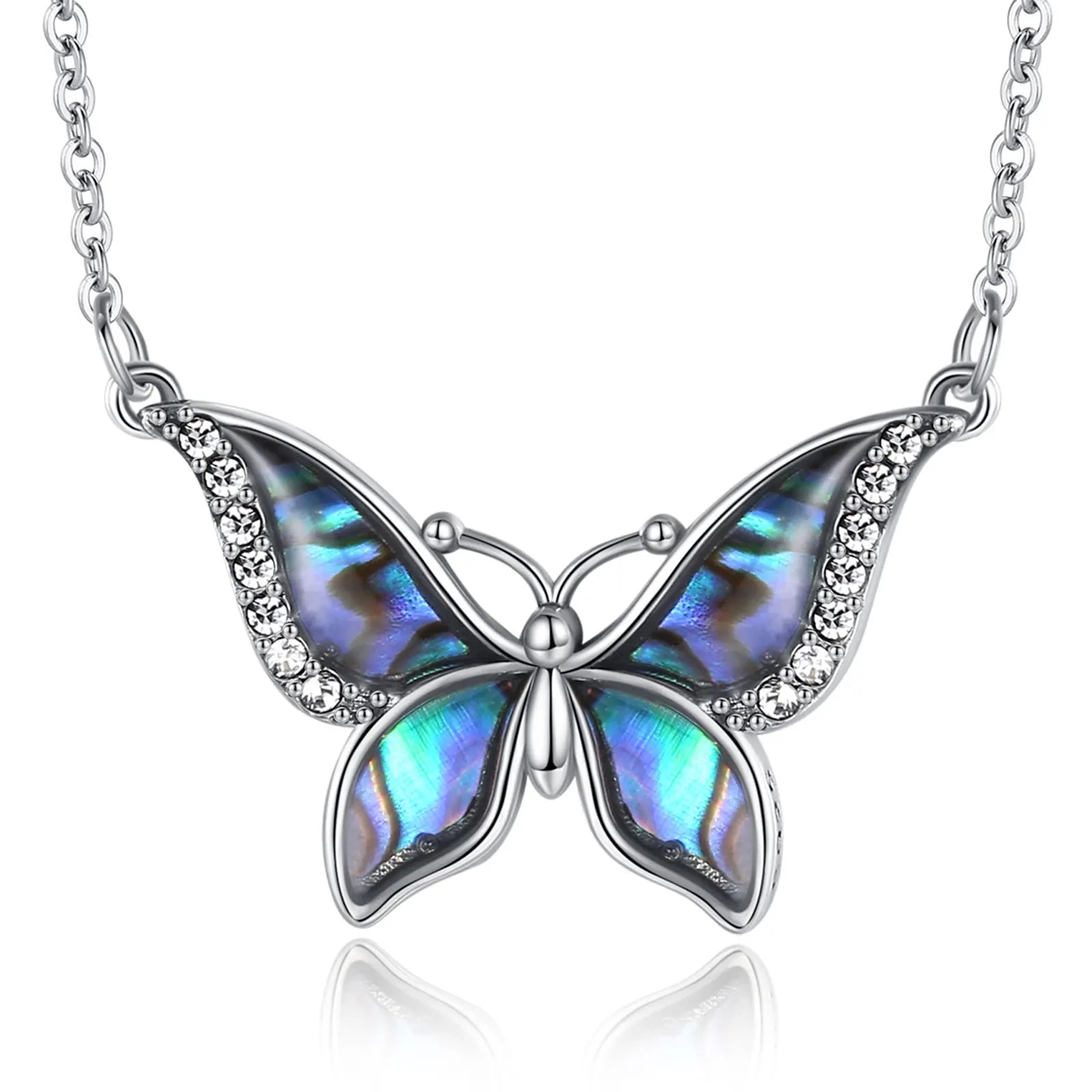 Changda 925 Sterling Silver Butterfly Pendant Necklace with Zircon Abalone Shell for Wedding Party or Anniversary