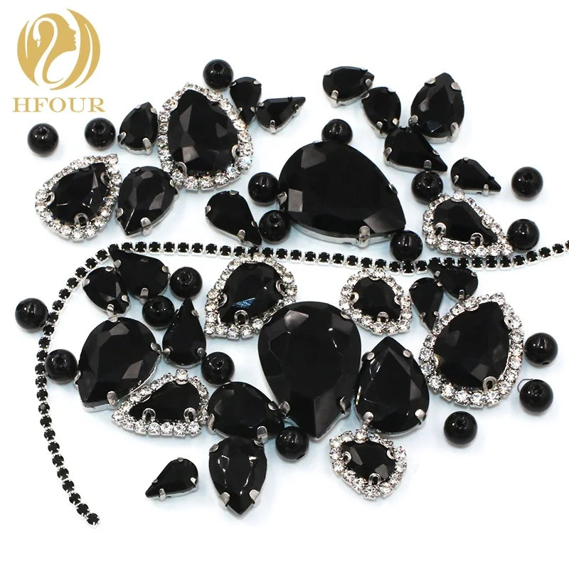 Hot Selling 3D Black Glass Mixed Drop Shape Rhinestones with Cup Chain and Plastic Pearls for Handcraft Garments Accessories