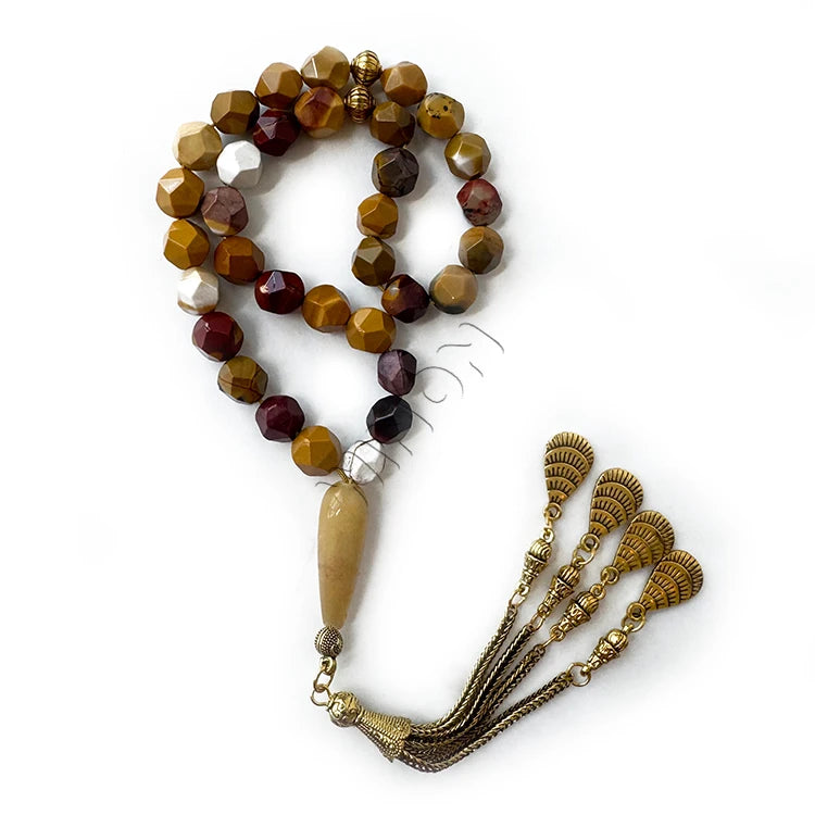 Islamic Golden Plated Mookaite Jasper Religious Prayer Beads Misbaha Tasbih Islamic Rosary Beaded Bracelet Necklace for Unisex