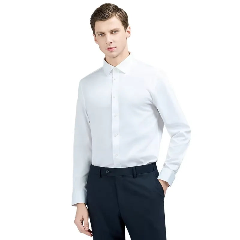 Menlong Luxury Men's 100% Cotton Autumn Yarn Dyed Anti-Wrinkle Breathable Casual Shirt Non-Iron Draped Knitted Button Collar 6XL