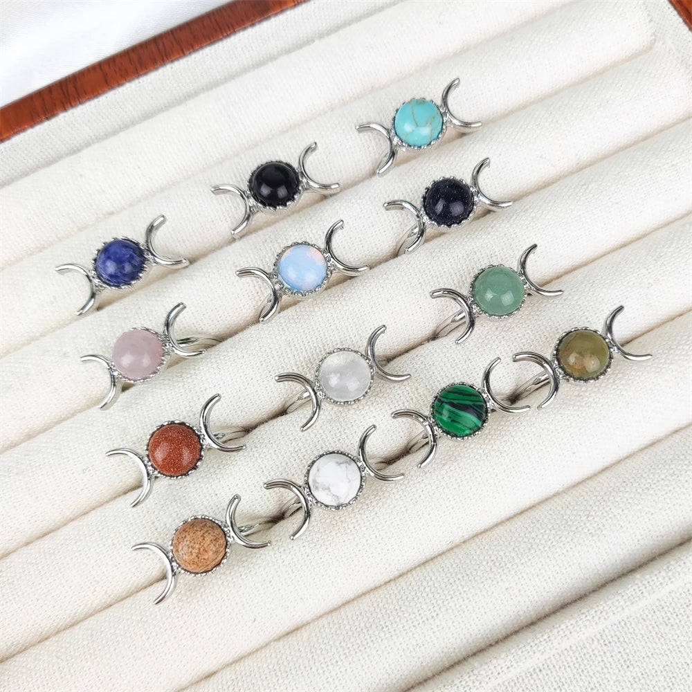 2025 Trendy Natural Stone Crescent Moon Silver Plated Adjustable Ring Rose Quartz Crystal Malachite Opal Sun Rings for Women