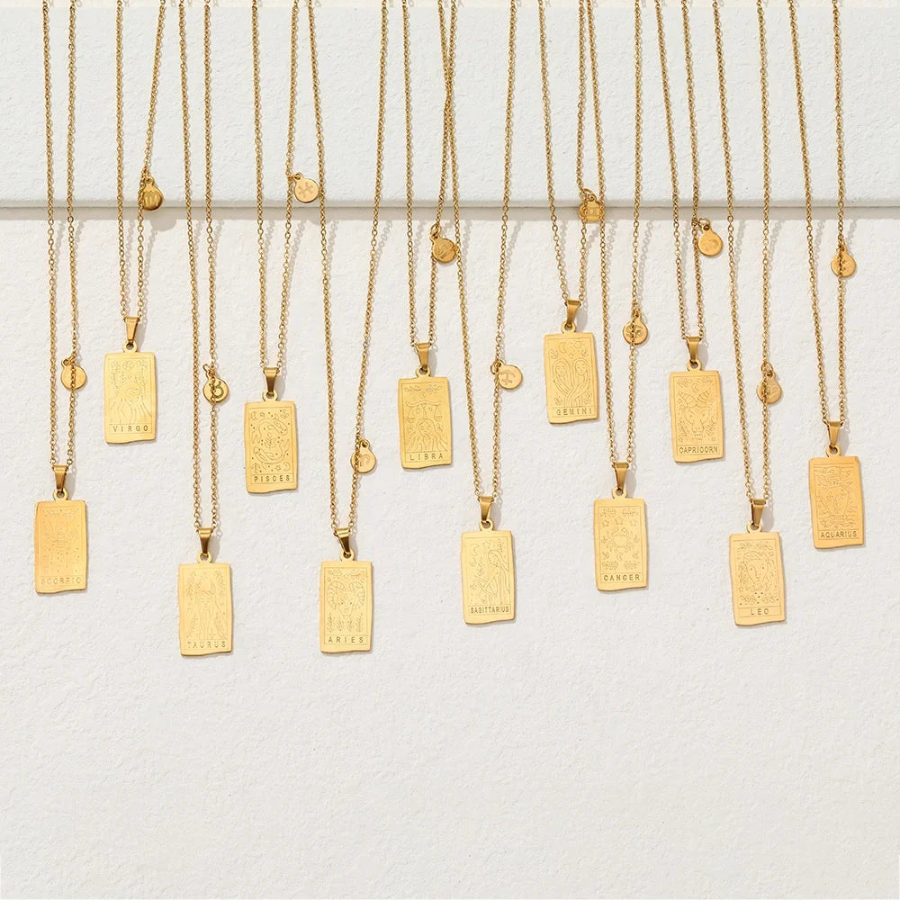 Personalized Fashion Women Double Sided 12 Charm Chain Gold Plated Jewelry Stainless Steel Zodiac Pendant Necklace