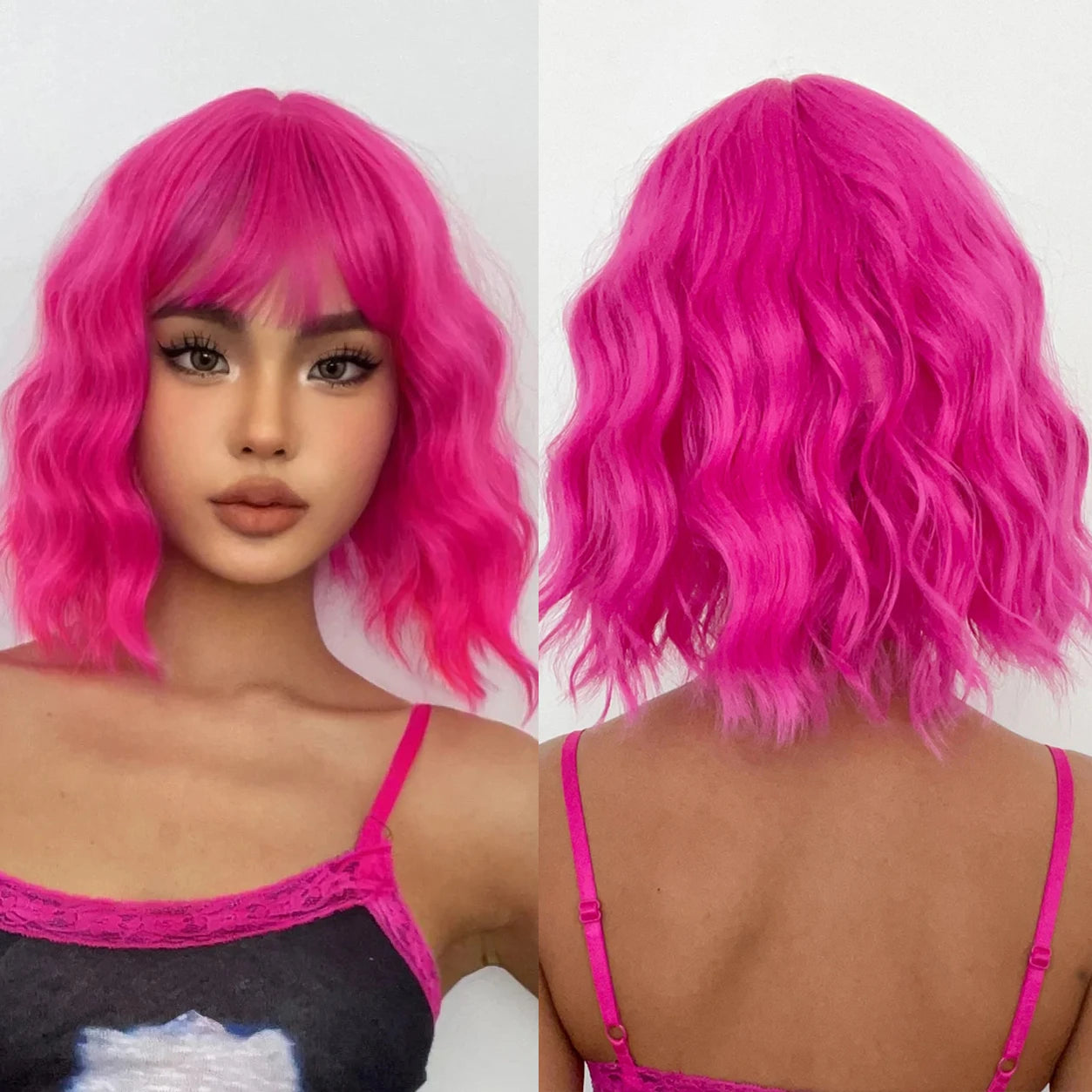 Factory Fast Delivery Short Bob Pink Red Wavy Synthetic Wigs Rose Red Colorful Lolita Cosplay Wig with Bangs for Women Natural