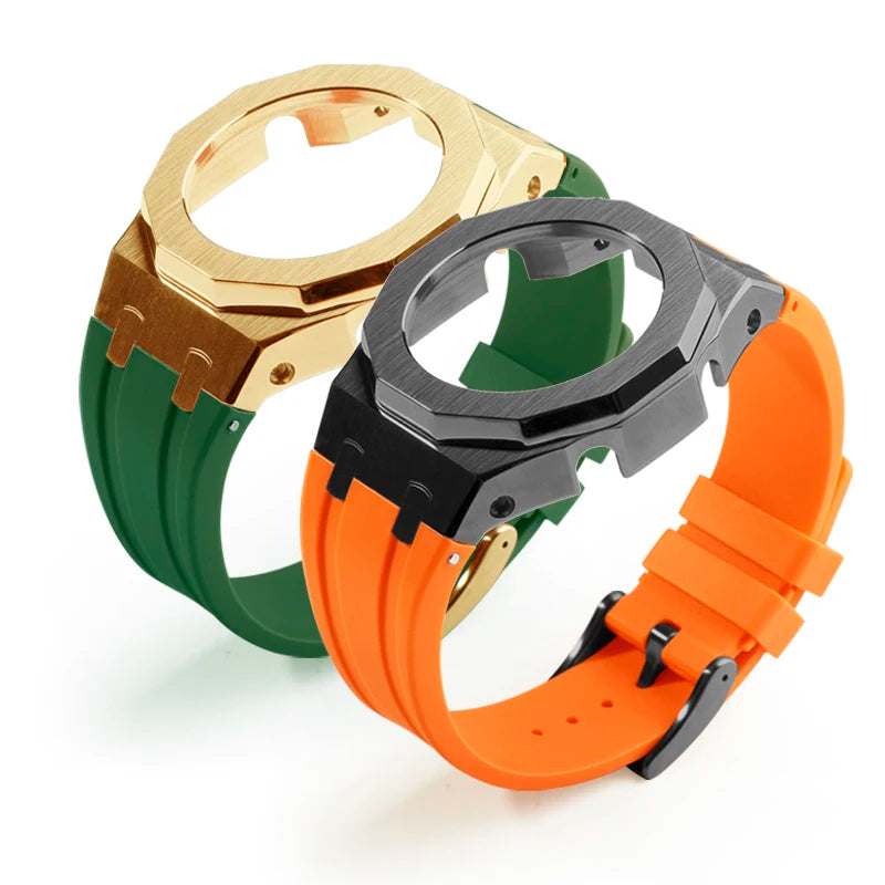 New Mod Kit with Dodecagonal Bezel GMA-S2100 Stainless Steel Case White Rubber Strap Silicone Band for Gold Watch Replacement