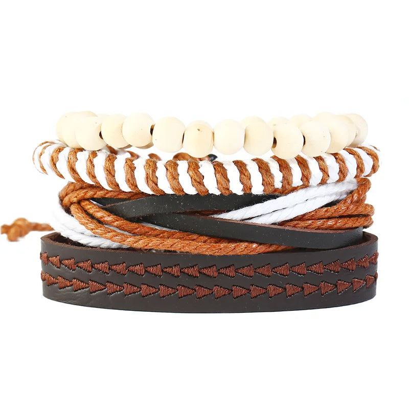Handmade Vintage Woven Leather Fashion Bracelet Men's Simple Bead Bangle