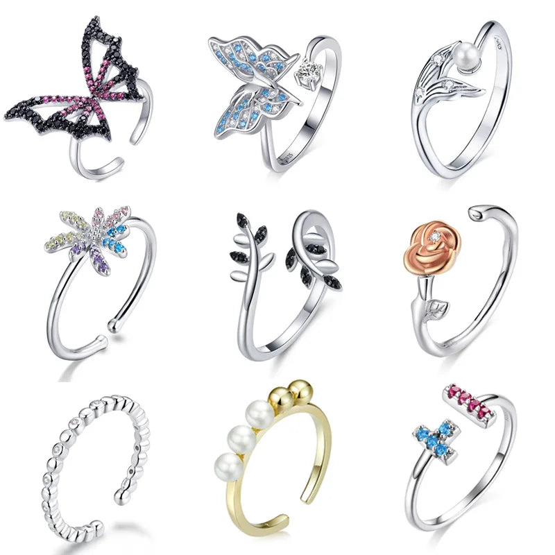 Hot Selling 925 Sterling Silver Plated Platinum Rings Sets Dainty Colorful Zircon Open Rings for Women