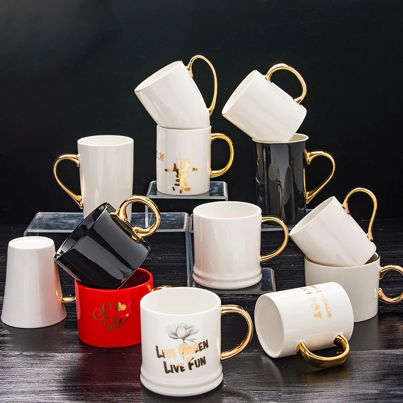Seaygift Custom logo 11oz 12oz 15oz Sublimation Blank White Gold Handle Nordic Ceramic Mug Cup Porcelain Cup Ceramic Coffee Mug