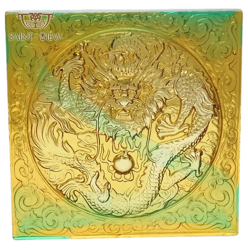 Custom Yellow Crystal Pate De Verre Brick Buddha Etched Sculpture 25x25cm DIY Christmas Decor