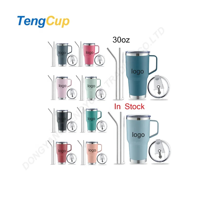TY 30oz Customized Logo Vacuum Double 304/201 Stainless Steel Coffee Mug Handle Straw 12-24h Thermal Insulation Eco-Friendly