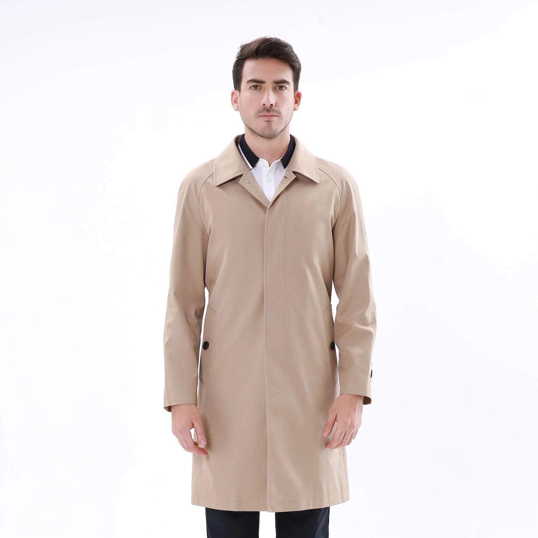 2023 BOSHA Men's Custom Cotton Trench Coat With Raglan Sleeve Single Breasted Button Decoration Turn-Down Collar