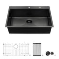 Handmade 28*22*10 Inches Small Single Bowl Kitchen Sink Gunmetal Black Drop-in 304 Stainless Steel with Two Holes
