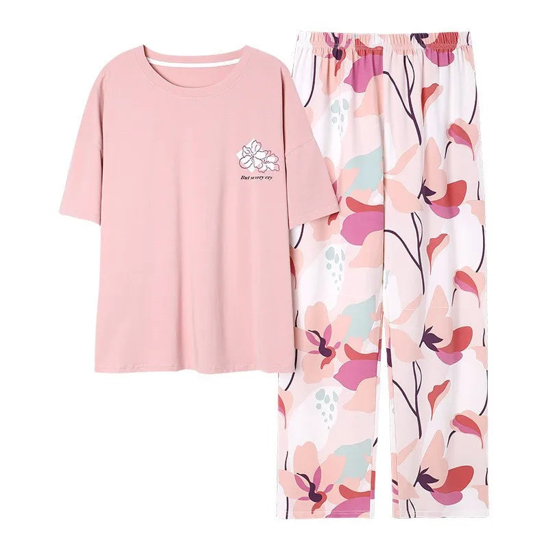Women's Modal Jersey Pajamas Set Elastic Waist Summer Spring Short Sleeve Long Pants Sleepwear Customized